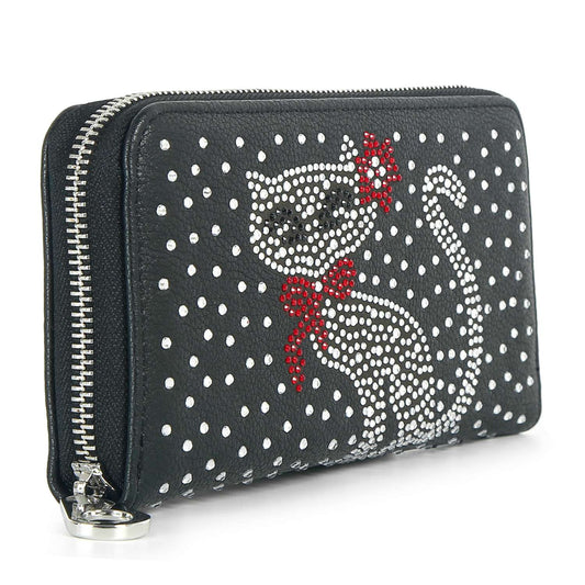 Cat Design Rhinestone Accordion Wallet