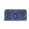 The Rhinestone Pattern Accordion Fashion Wallet is a blue zip-around wallet with silver hardware, showcasing a geometric sunburst of silver and dark blue rhinestones on the front.
