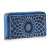 The Rhinestone Pattern Accordion Fashion Wallet is a blue zip-around wallet with silver hardware, featuring sparkling silver rhinestones arranged in an intricate radiating geometric pattern on the front.