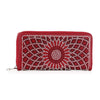 The Rhinestone Pattern Accordion Fashion Wallet, a red faux leather zip-around wallet adorned with silver-toned studs in a radiating pattern, is shown against a white background.