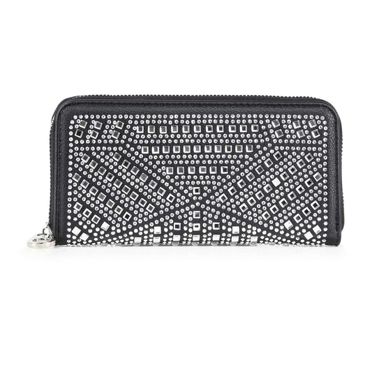 The Rhinestone Design Accordion Fashion Wallet is a black faux leather wallet with silver studs and rhinestones in a geometric pattern, featuring a zip-around closure. It is displayed against a white background.