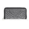 The Rhinestone Design Accordion Fashion Wallet is a black faux leather wallet with silver studs and rhinestones in a geometric pattern, featuring a zip-around closure. It is displayed against a white background.