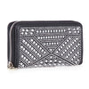 The Rhinestone Design Accordion Fashion Wallet is a black faux leather wallet with a zip-around closure, decorated on the front with an intricate geometric pattern of silver and clear rhinestones for a sparkling look.