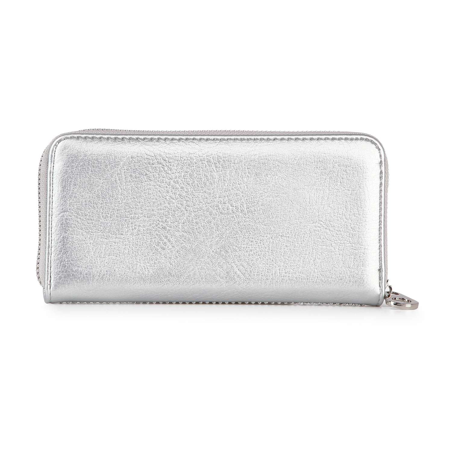 The Dazzling Accordion Wallet is a rectangular, silver metallic faux leather zip-around wallet with a textured finish, displayed against a plain white background.
