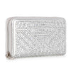 The Rhinestone Design Accordion Fashion Wallet is a rectangular, silver faux leather wallet with a zip-around closure and intricate rhinestone accents for a sparkling, stylish look.