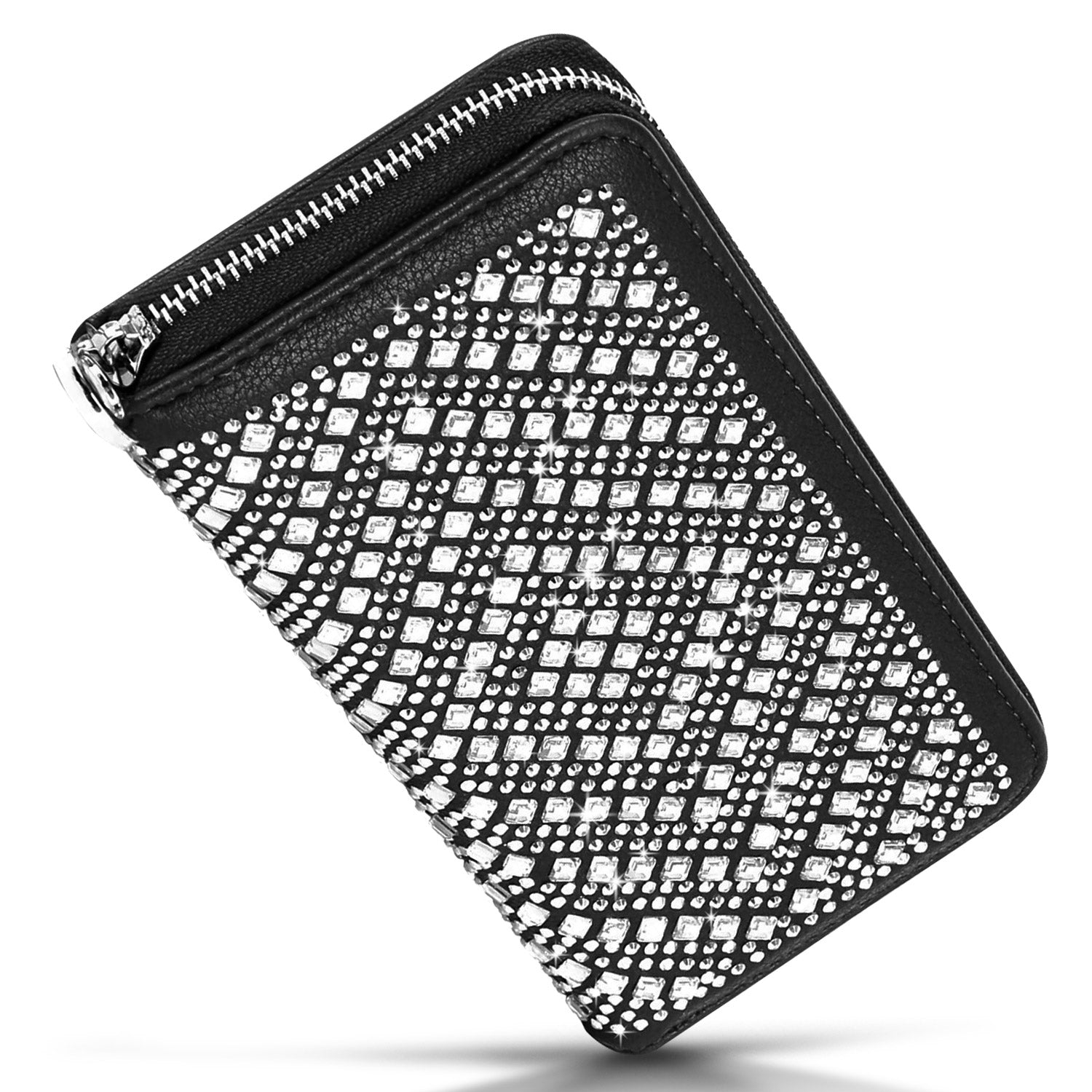 The Unique Rhinestone Design Accordion Wallet is a black faux leather zip-around clutch with a geometric diamond rhinestone pattern, shown against a white background.