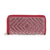 The Unique Rhinestone Design Accordion Wallet is a red faux leather zip-around wallet with silver studs in a geometric diamond and square pattern—ideal for adding chic bling to your style.
