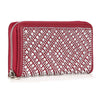 The Unique Rhinestone Design Accordion Wallet is a red faux leather zip-around wallet, featuring a diamond-shaped pattern of shiny silver studs and rhinestones, shown against a white background.