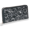 The Rhinestone Design Wallet is a black faux leather zip-around wallet featuring ornate floral and swirl rhinestone patterns, combining stylish design with secure storage.