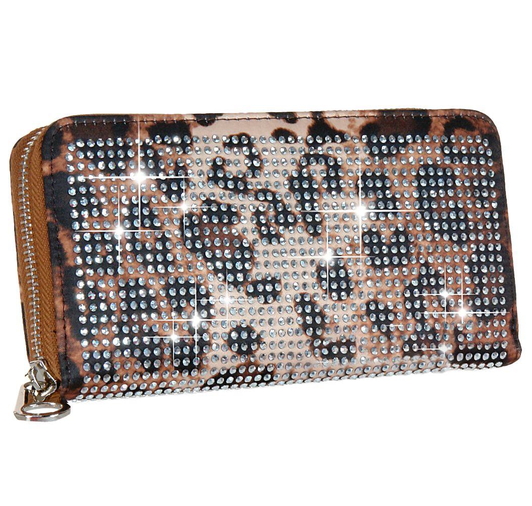 The Leopard Print Rhinestone Wallet is a rectangular faux leather wallet with sparkling rhinestones and a gold zip-around closure that adds extra shine.