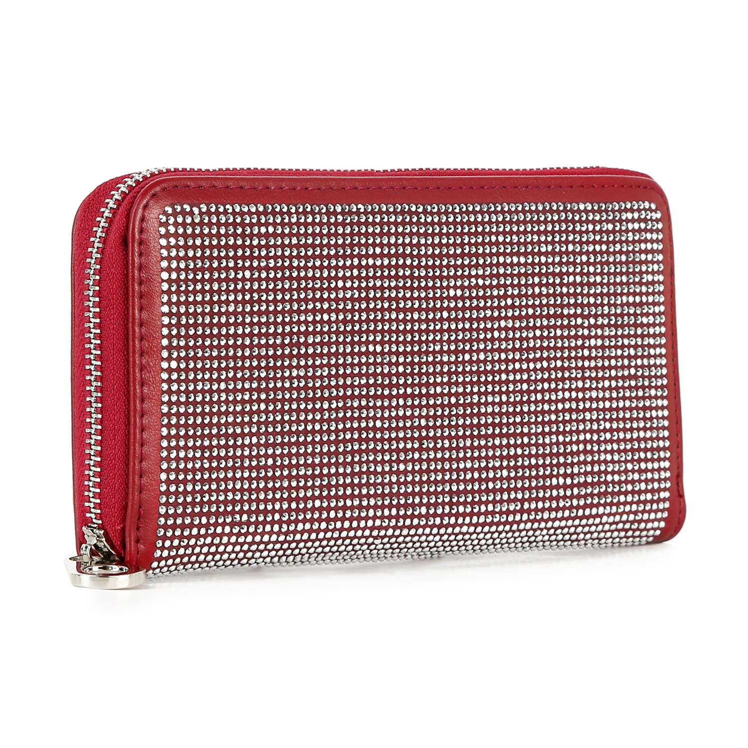 The Dazzling Accordion Wallet features a red faux leather design with a grid of sparkling silver rhinestones on the front, shown against a white background.