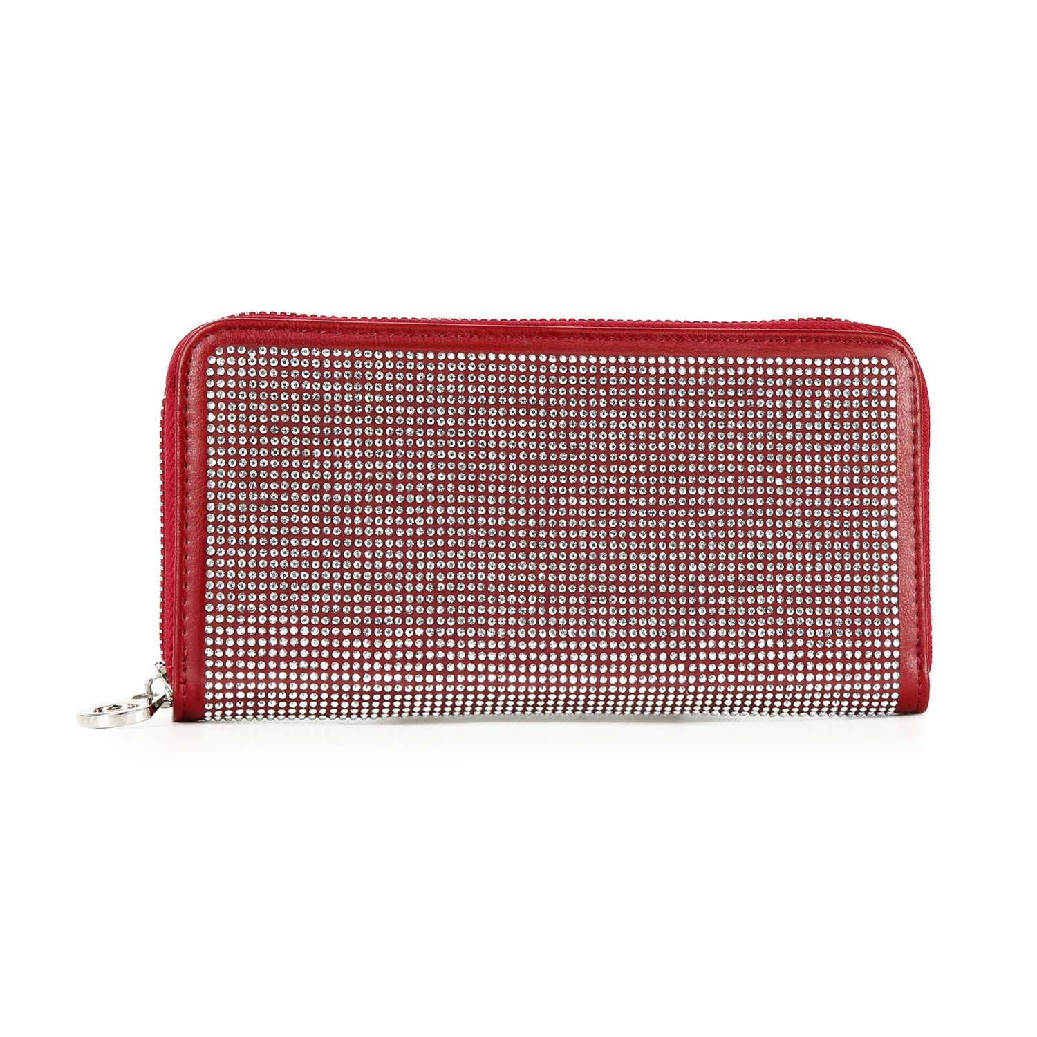 The Dazzling Accordion Wallet is a red zip-around wallet featuring a grid of shiny silver studs on the front, displayed against a white background.