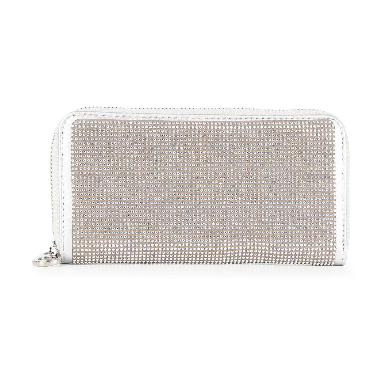The Dazzling Accordion Wallet is a rectangular white faux leather zip-around wallet, featuring a front covered in shiny silver rhinestones and a silver zipper pull on the left side.