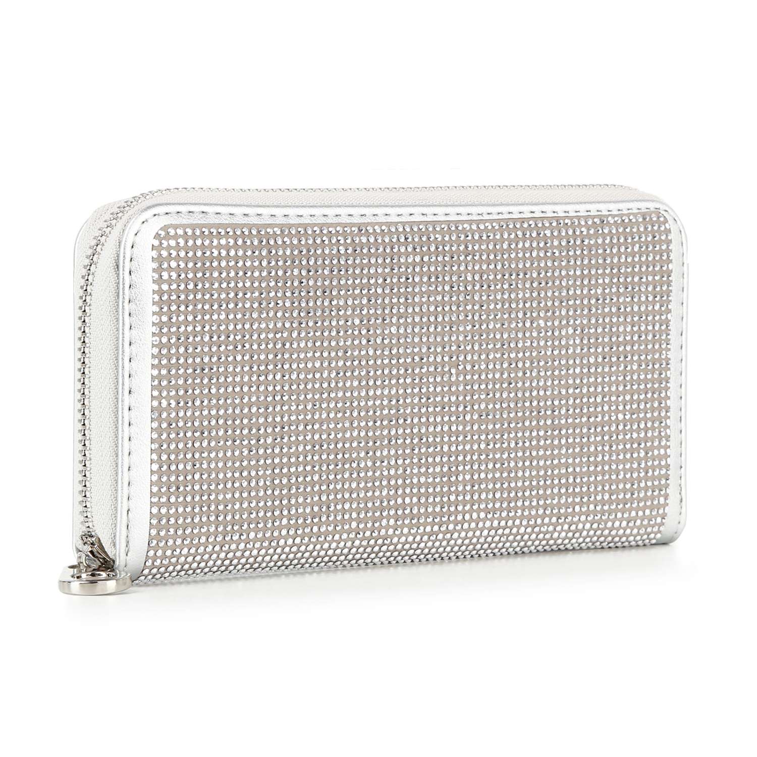 The Dazzling Accordion Wallet is a rectangular, silver zip-around wallet adorned with shiny rhinestones and a zipper closure, shown against a white background.