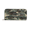 The Sparkling Camo Print Accordion Wallet features green camouflage canvas with multicolored rhinestones on the front and includes multiple interior card slots.