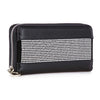 The Sparkling Stone Accordion Wallet is a black faux leather zip-around wallet with a horizontal row of small, shiny silver studs on the front and silver hardware, including a metallic pull tab.