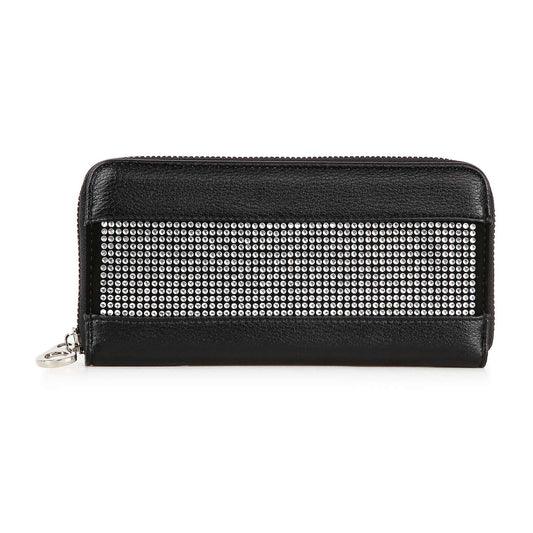 The Sparkling Stone Accordion Wallet is a black faux leather zip-around wallet with a central panel adorned with shiny silver studs in neat rows and finished with sleek silver hardware.