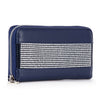 The Sparkling Stone Accordion Wallet is a navy blue faux leather zip-around wallet featuring a horizontal band of shiny silver studs and silver hardware on the front, displayed against a white background.