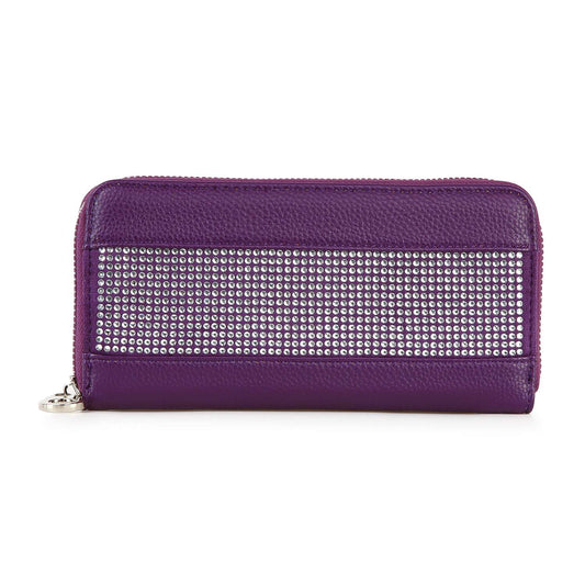The Sparkling Stone Accordion Wallet is a purple zip-around style made from sleek faux leather, featuring a textured surface and a central panel with rows of small silver studs.