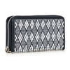 The Diamond Bling Wallet is a zip-around faux leather wallet featuring a black and white diamond pattern and silver stud accents, displayed standing upright on a white background.