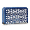 The Diamond Bling Wallet, made of blue faux leather with a diamond mesh pattern, silver studs, and a zip-around closure, is shown against a white background.