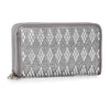 The Diamond Bling Wallet is a silver faux leather wallet with a zip-around closure, showcasing a diamond-patterned design highlighted by metallic and hand-set crystal-like embellishments on the front.