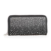 The Glamorous Rhinestone Design Accordion Wallet is a black faux leather wallet with a zip-around closure, featuring rows of sparkling silver rhinestones on the front for a decorative touch.