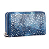 The Glamorous Rhinestone Design Accordion Wallet features a blue zip-around closure, a faded denim look, and dazzling silver rhinestones arranged in a gradient pattern on the front.