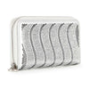 The Rhinestone Wavy Bling Accordion Wallet is a compact silver zip-around wallet decorated with wavy rows of sparkling rhinestones, shown on a plain white background.