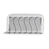 The Rhinestone Wavy Bling Accordion Wallet is a silver zip-around design featuring wave-pattern rows of small, shiny studs on the front for a textured, sparkling effect.