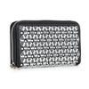 The Rhinestone Design Accordion Wallet, a black faux leather zip-around wallet with a white geometric pattern and silver zipper pull, stands upright against a white background.