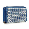 The Rhinestone Design Accordion Wallet is a blue zip-around faux leather wallet with a geometric pattern of white and silver beads and small rhinestones, shown standing upright against a white background.