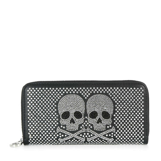 Rhinestone Twin Skull Design Accordion Wallet
