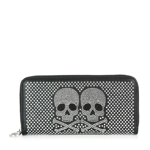 Rhinestone Twin Skull Design Accordion Wallet