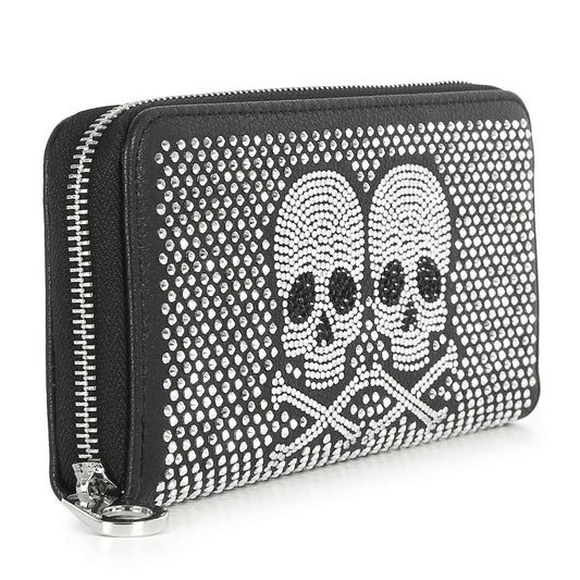Rhinestone Twin Skull Design Accordion Wallet