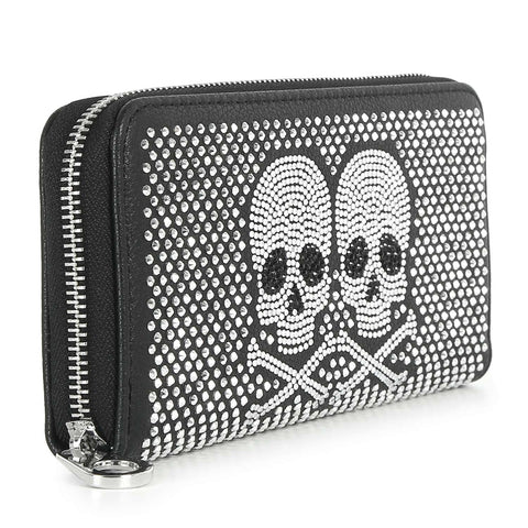 Rhinestone Twin Skull Design Accordion Wallet