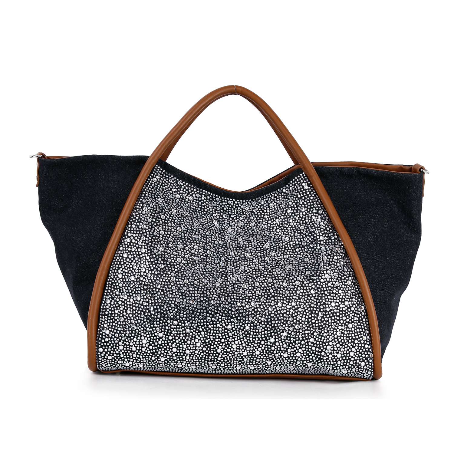 The Rhinestone Denim Unique Fashion Tote features black fabric, brown handles and trim, and a front panel with sparkling rhinestones. Spacious and tablet-friendly, its perfect for carrying your essentials in style.