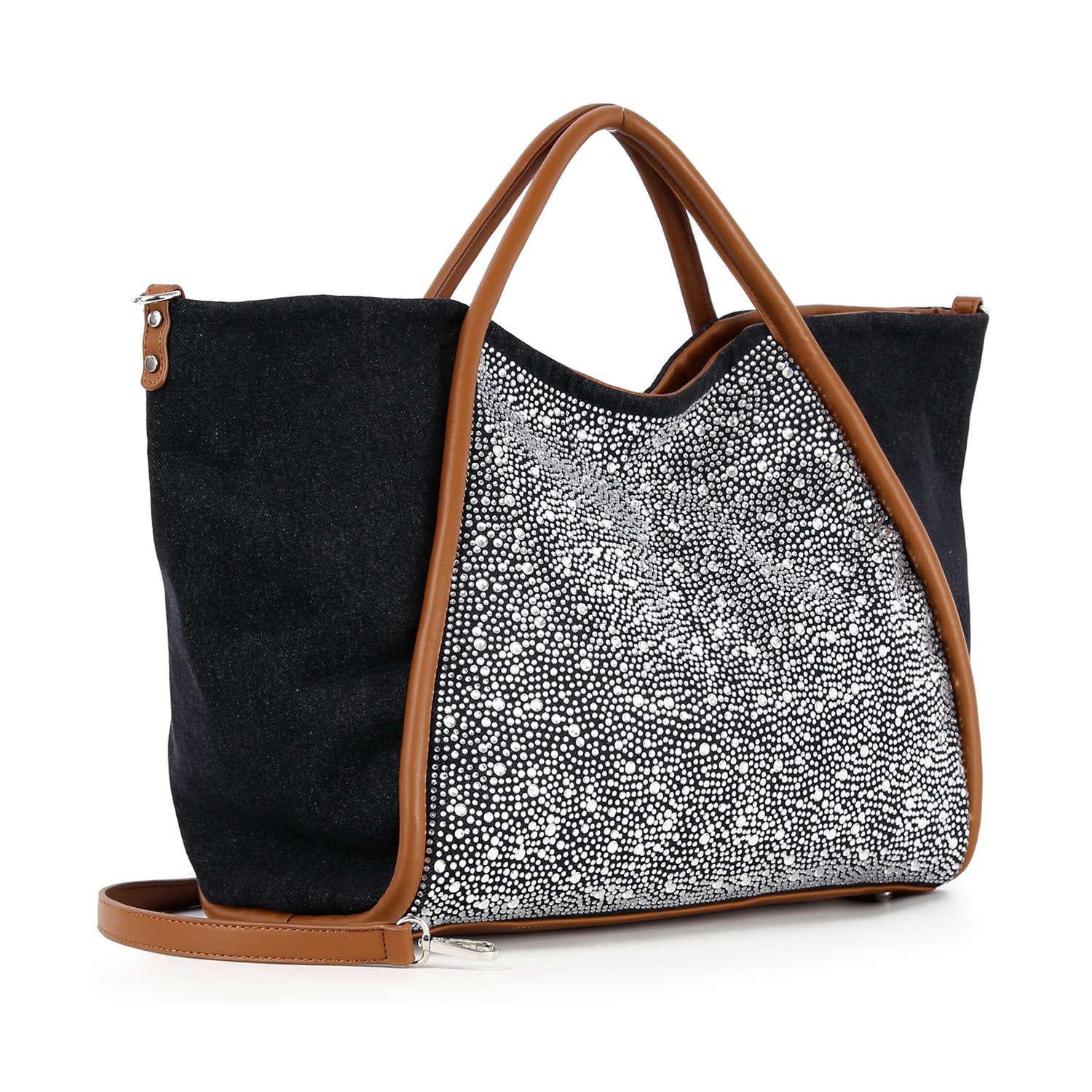 The Rhinestone Denim Unique Fashion Tote features stylish black fabric sides, a chic dotted front, brown leather handles, a matching shoulder strap, and is compatible with tablets.
