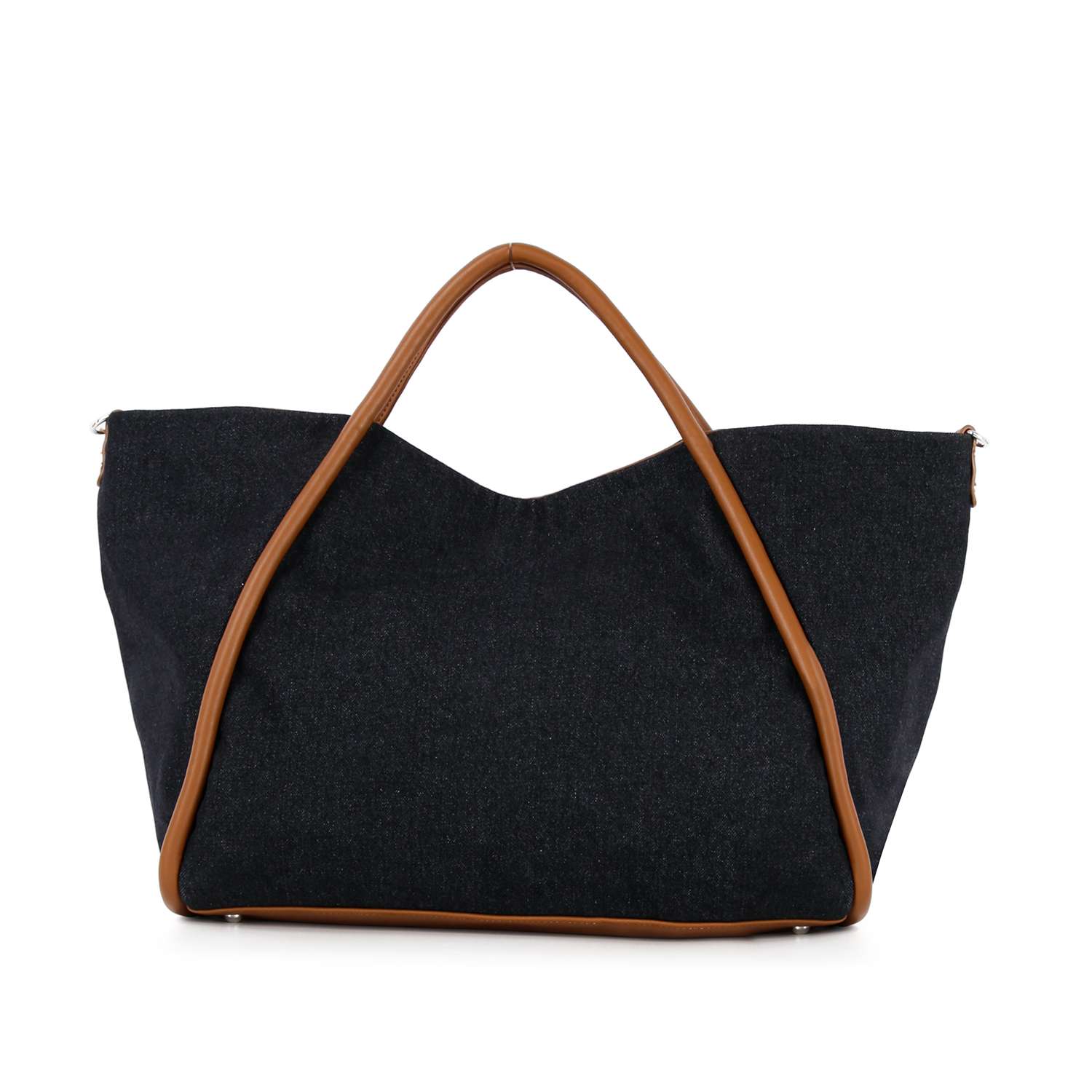 The Rhinestone Denim Unique Fashion Tote features a spacious black design with brown leather handles and trim, a slouchy triangular silhouette, minimalist style, and fits a tablet.