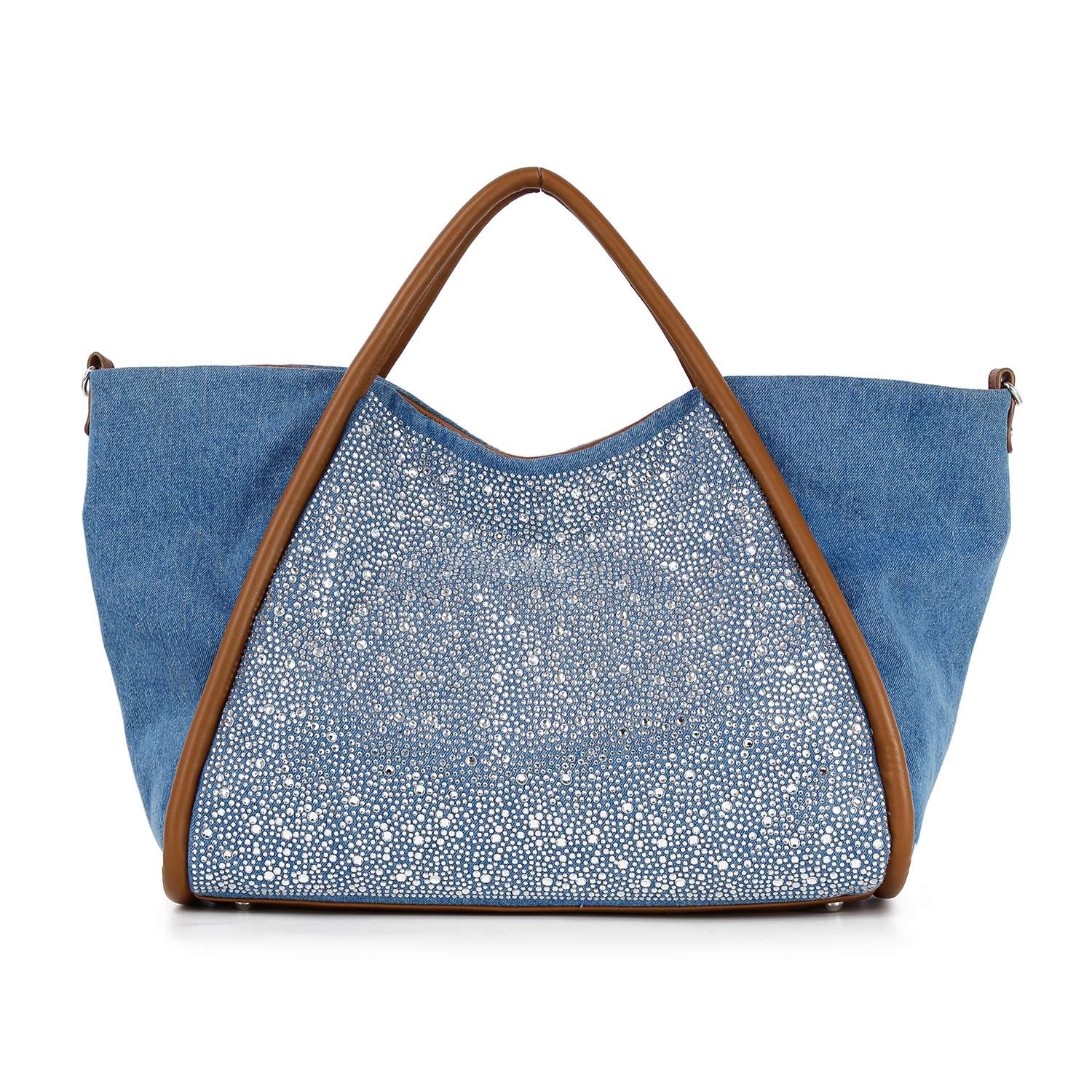 The Rhinestone Denim Unique Fashion Tote is a large blue handbag with brown handles and trim, featuring a central panel adorned with sparkling rhinestones for a stylish shimmering effect.