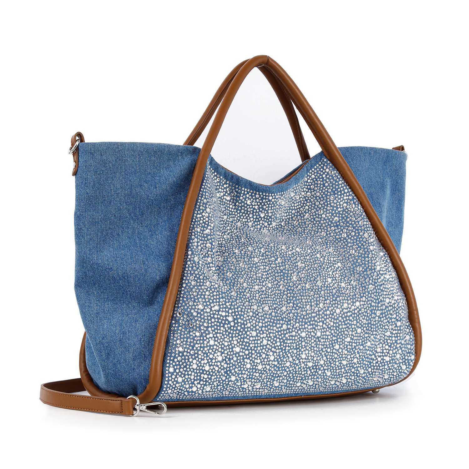 The Rhinestone Denim Unique Fashion Tote features blue denim sides, a sparkling silver rhinestone front with dot patterns, brown leather handles, a detachable shoulder strap, and fits a tablet for daily convenience.