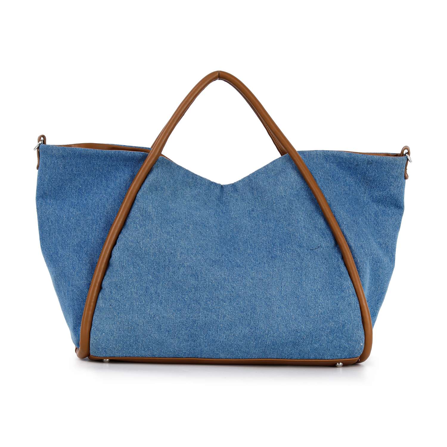The Rhinestone Denim Unique Fashion Tote features blue denim, a triangular brown leather frame, matching handles, and a tablet-compatible design, showcased against a white background.