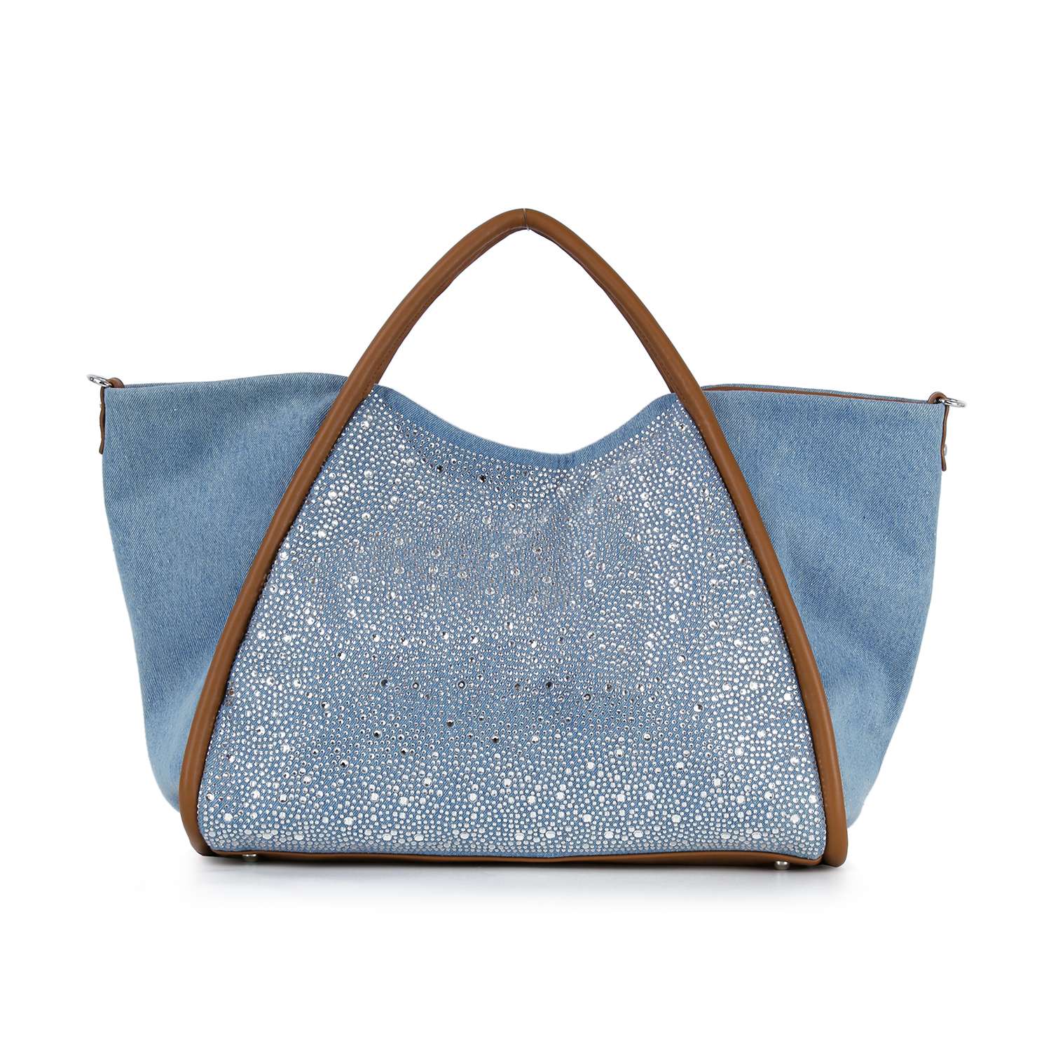 The Rhinestone Denim Unique Fashion Tote features sparkling denim, brown handles and trim, a triangular front panel with silver studs, and is tablet compatible for everyday convenience.
