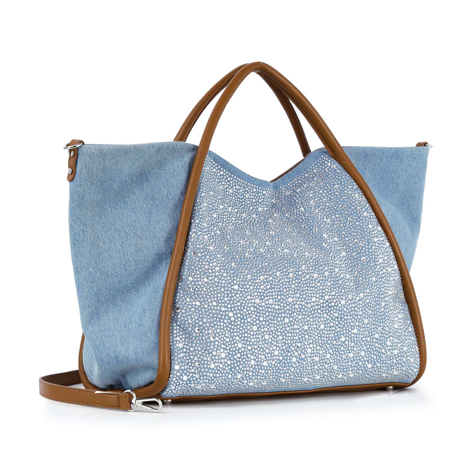 The Rhinestone Denim Unique Fashion Tote features stylish light blue fabric with small white dots, brown leather handles, matching trim, a detachable shoulder strap, and is tablet compatible.