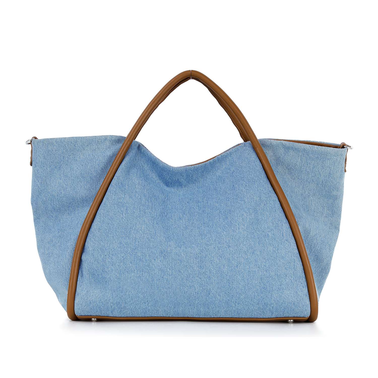 The Rhinestone Denim Unique Fashion Tote features light blue denim with brown leather trim and handles, a soft slouchy shape, modern minimalist design, and tablet compatibility—perfect for everyday use. Displayed on a white background.