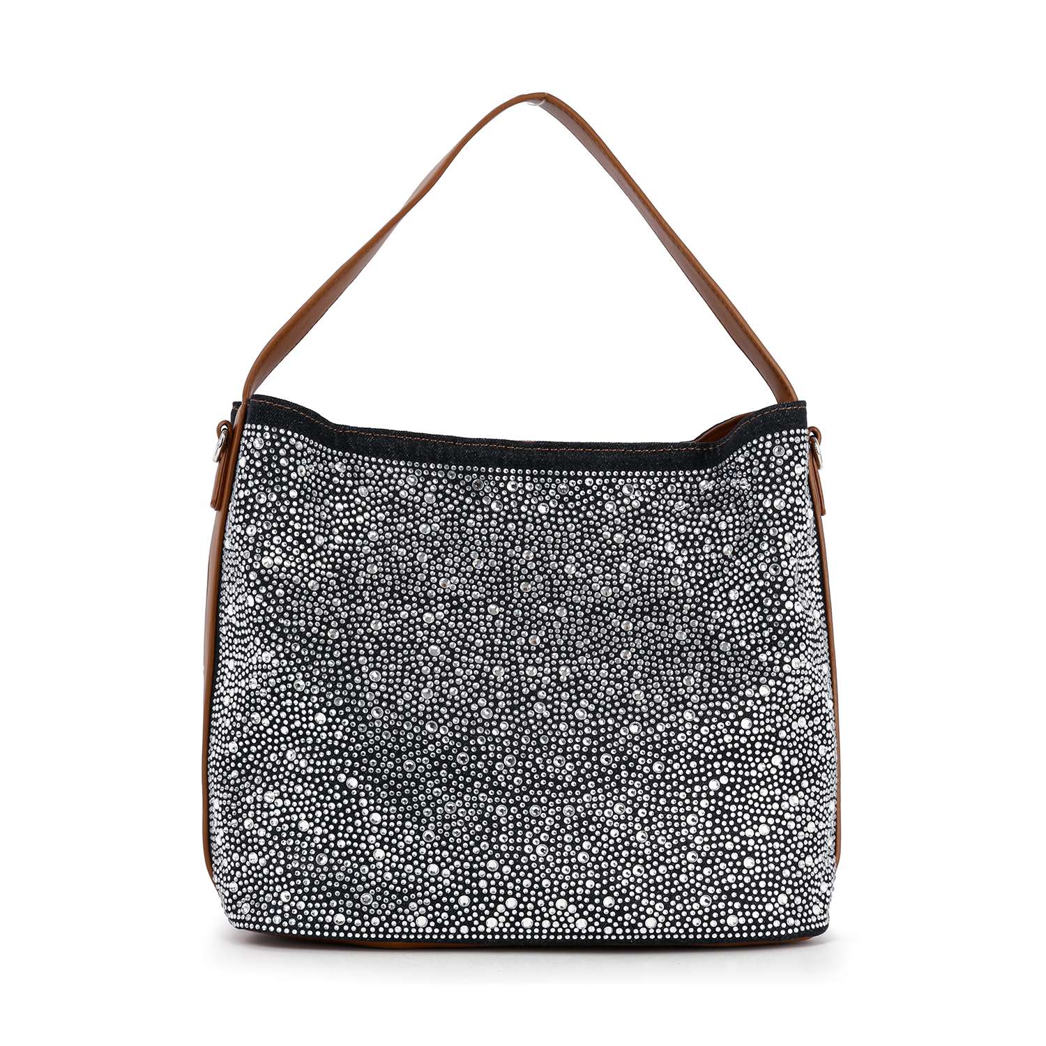 The Rhinestone Denim Fashion Hobo is a structured, rectangular handbag with brown shoulder strap and sides, a black top edge, and a black-and-white dotted pattern on the front; tablet compatible.