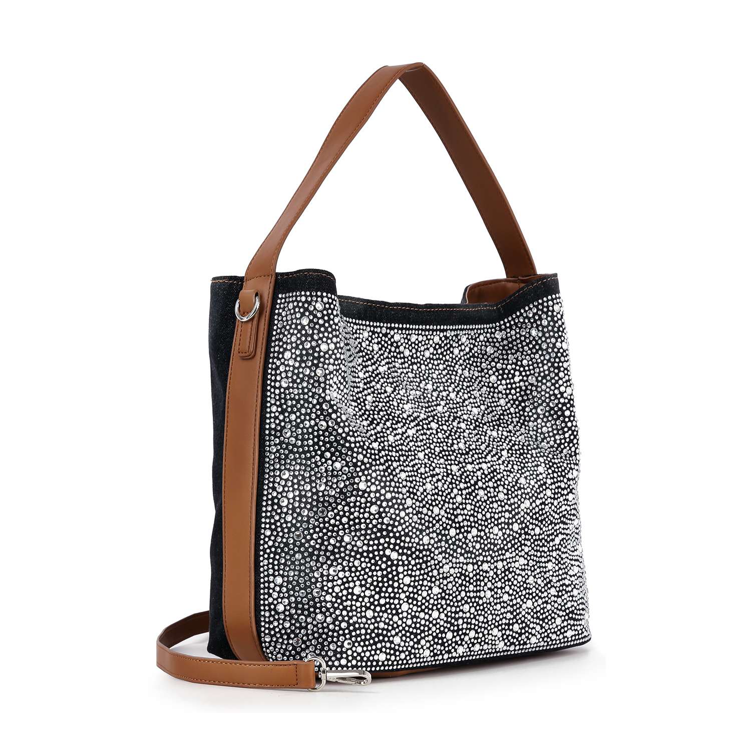 The Rhinestone Denim Fashion Hobo features a chic denim design with sparkling rhinestones, brown leather handles, an adjustable shoulder strap, open top, and structured shape. Its tablet compatible and perfect for a modern look.