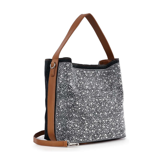 The Rhinestone Denim Fashion Hobo features a chic denim design with sparkling rhinestones, brown leather handles, an adjustable shoulder strap, open top, and structured shape. Its tablet compatible and perfect for a modern look.