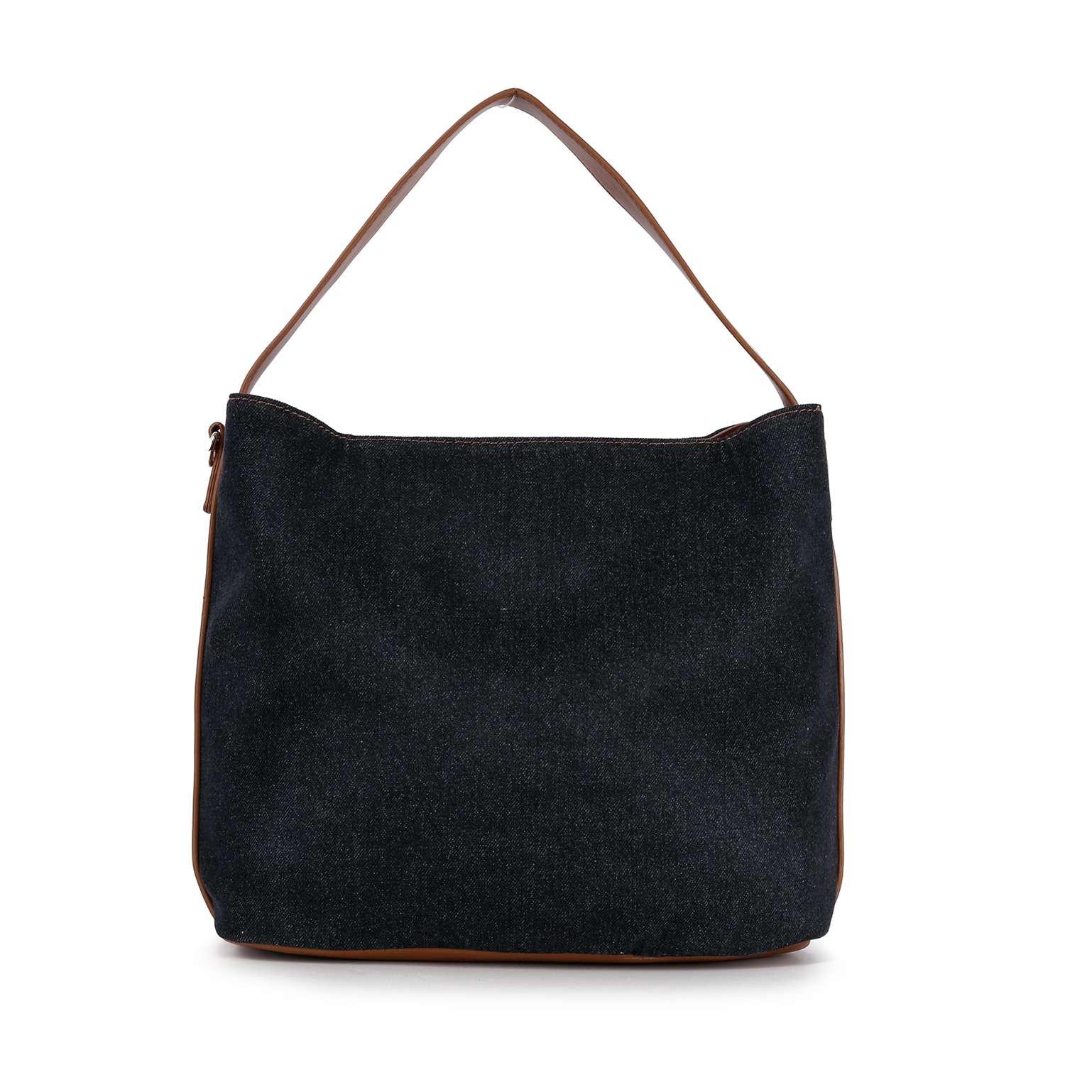The Rhinestone Denim Fashion Hobo is a black denim handbag featuring a single brown shoulder strap and brown trim, shown upright against a white background.