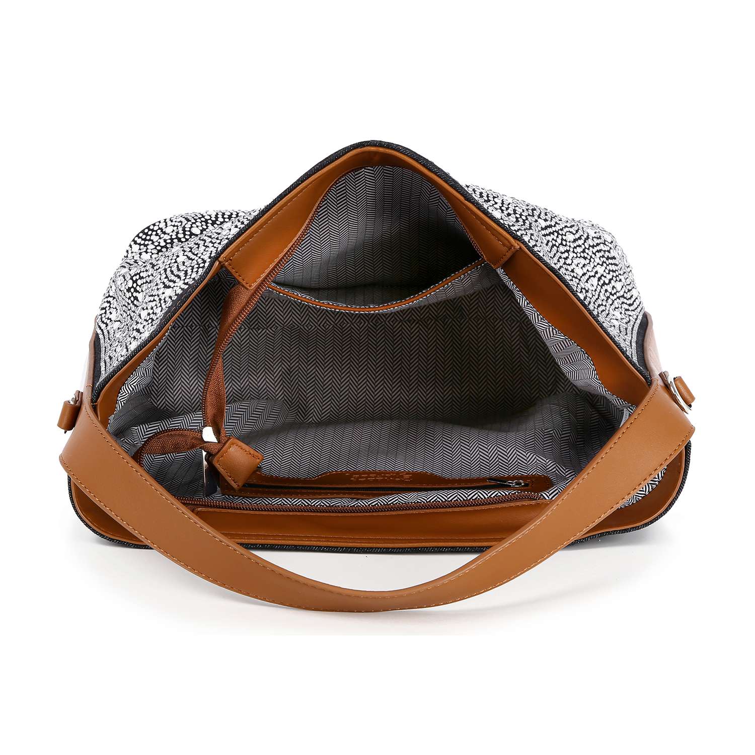 Open view of the Rhinestone Denim Fashion Hobo, featuring brown leather straps and trim, a spacious interior with herringbone-patterned lining, inner pockets, and a zippered compartment—perfect for carrying your tablet.